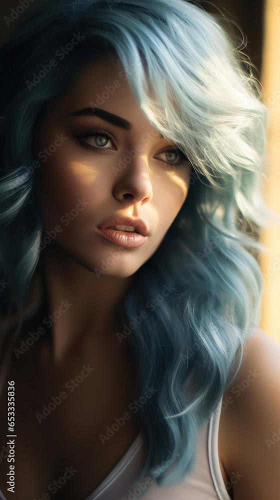 Portrait of Stunning Young Woman with Blue Hair Captured in Golden Hour and Natural Light, High-Quality Beauty Photography Portrait of Stunning Young Woman with Blue Hair Captured in Golden Hour and Natural Light, High-Quality Beauty Photography