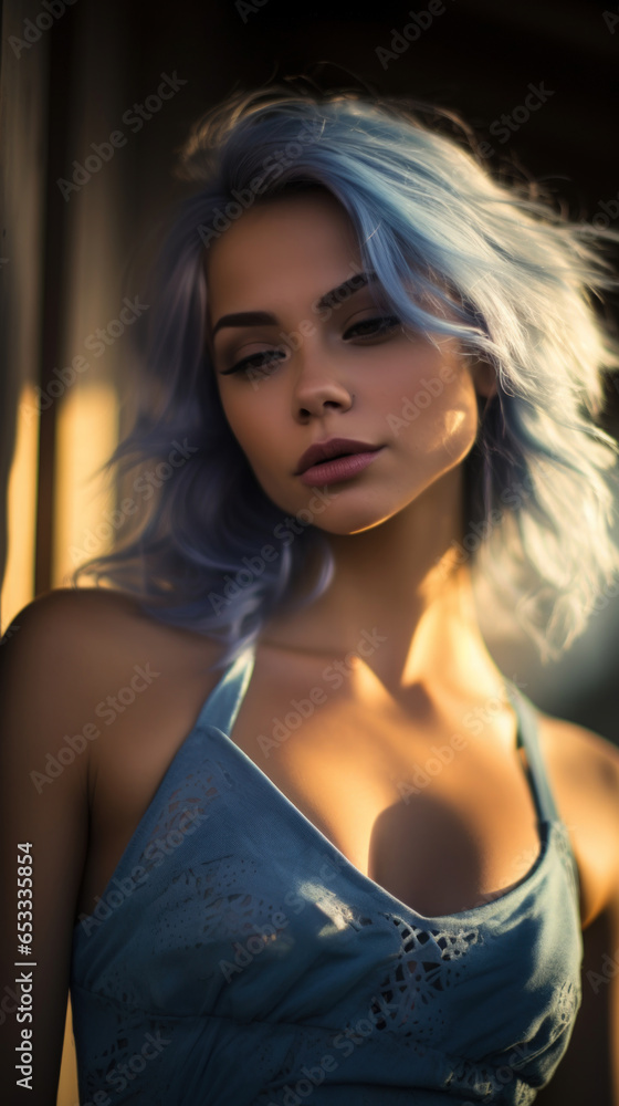 Portrait of Stunning Young Woman with Blue Hair Captured in Golden Hour and Natural Light, High-Quality Beauty Photography