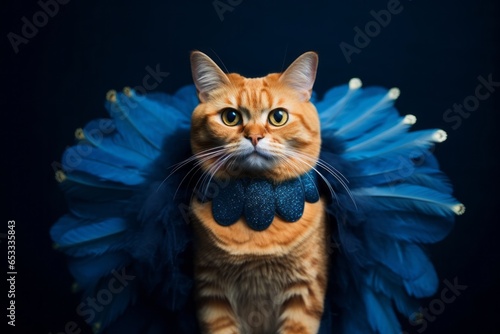 cheetoh cat wearing a butterfly costume against a navy blue background photo