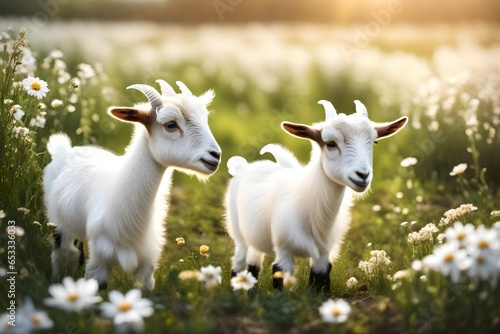 Two little funny baby goats playing in the field with flowers. Farm animals photo