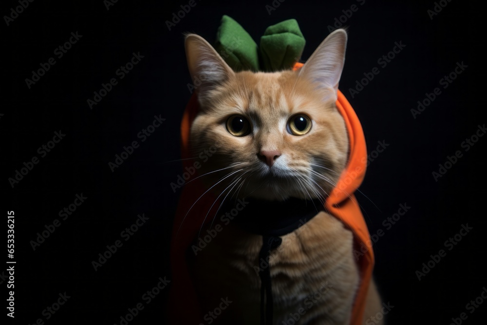 munchkin cat wearing a carrot costume against a matte black background munchkin cat wearing a carrot costume against a matte black background