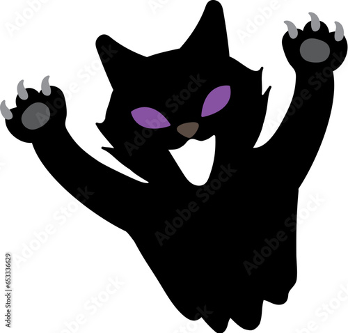 Halloween vector illustration element of spooky hissing and intimidating black cat with purple eyes. funny, fun and cute background material