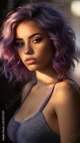 Portrait of Stunning Young Latino Woman with Purple Hair Captured in Golden Hour and Natural Light, High-Quality Beauty Photography