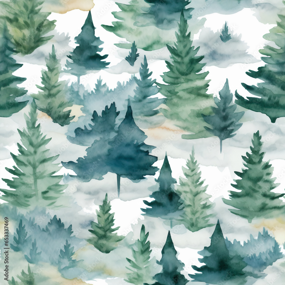 Pine trees and mountains repeat seamless pattern background in watercolor and acrylic style