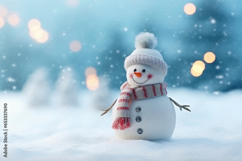 Christmas winter background with snowman and blurred bokeh. Merry christmas and happy new year greeting card with copy space.
