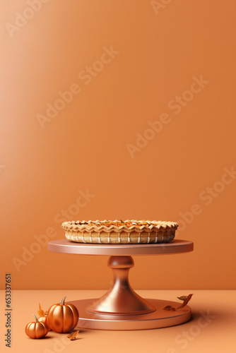 Pumpkin pie on stand on orange background, 3d render photo