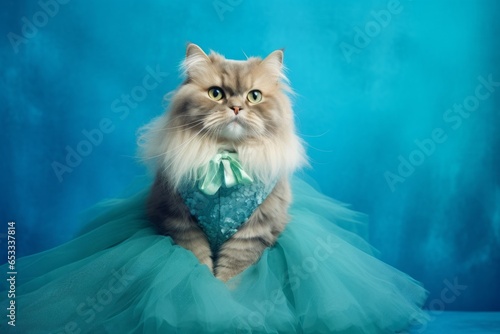 Environmental portrait photography of a cute british longhair cat wearing a princess dress against a teal blue background. With generative AI technology photo