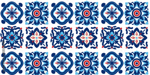 Portuguese tile pattern vector seamless with mosaic arabesque ornaments. Moroccan ceramic, lisbon azulejo, mexican talavera, italian sicily, spanish majolica, turkish, mediterranean texture design