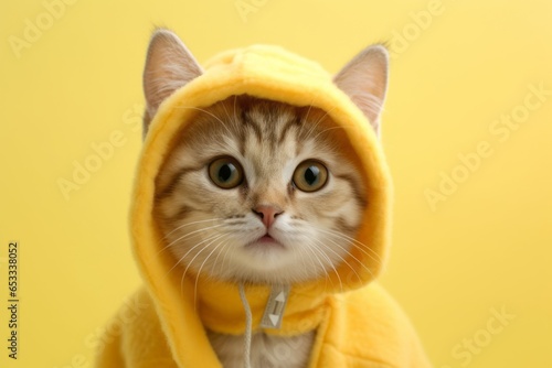 Close-up portrait photography of a cute cymric cat wearing a monkey costume against a pastel yellow background. With generative AI technology