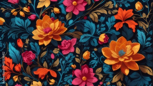 A Detailed Illustration Of A Seamless Pattern Floral Design, Intricate, High Quality, Vibrant Colors. © Evolved Design