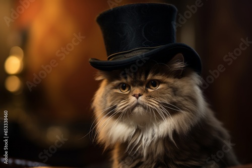 Close-up portrait photography of a curious persian cat wearing a top hat against a rustic brown background. With generative AI technology © Markus Schröder