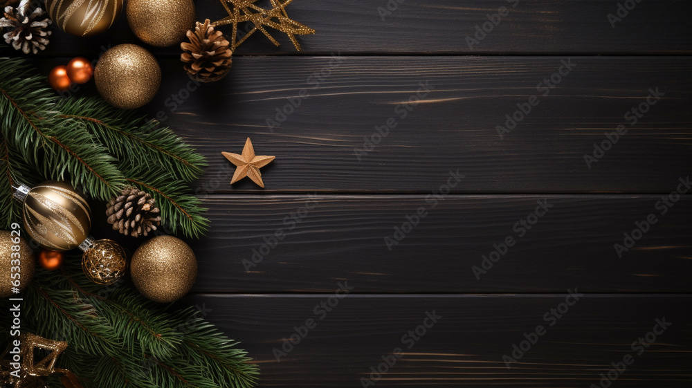 Christmas background with fir tree and decor. Top view. Generative AI Christmas background with fir tree and decor. Top view. Generative AI