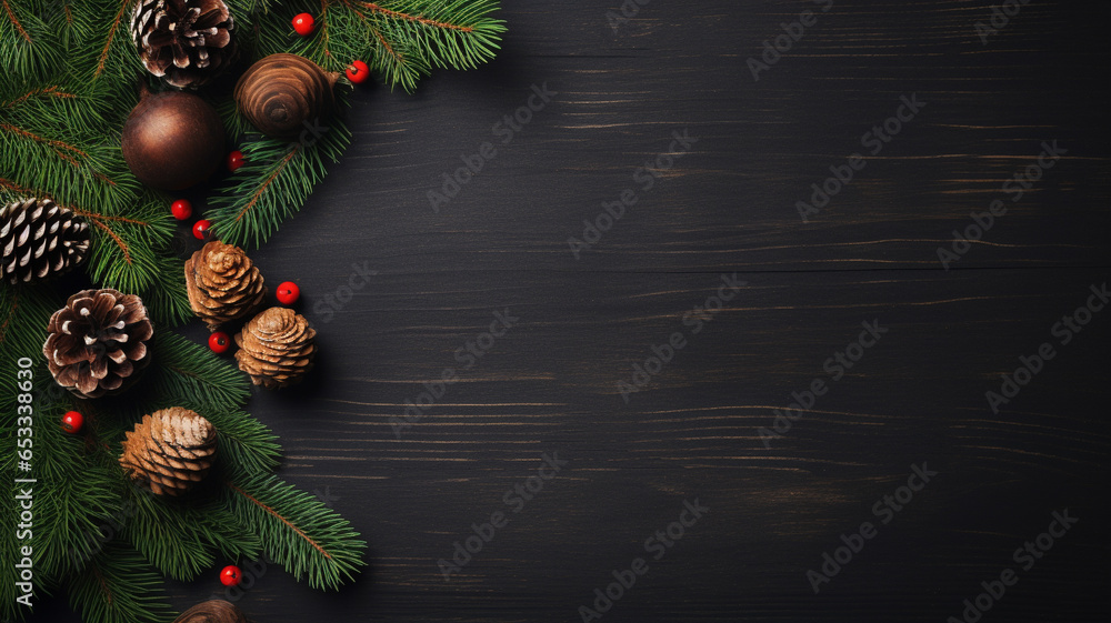 Christmas background with fir tree and decor. Top view. Generative AI