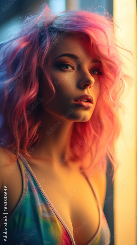 Portrait of Stunning Young Woman with Pink Hair Captured in Golden Hour and Natural Light, High-Quality Beauty Photography