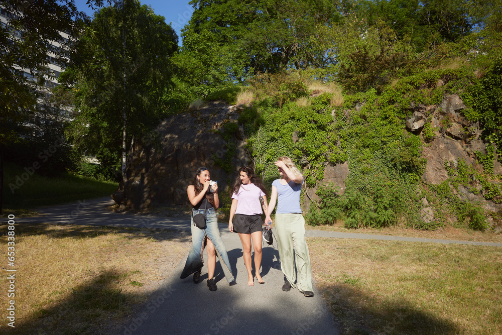 Young female friends standing and talking together Young female friends standing and talking together