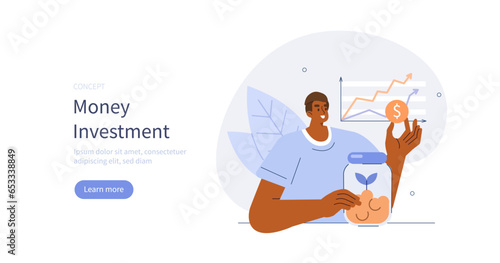 Money investment concept. Character investing money, becoming financially successful and capital growth. Vector illustration.