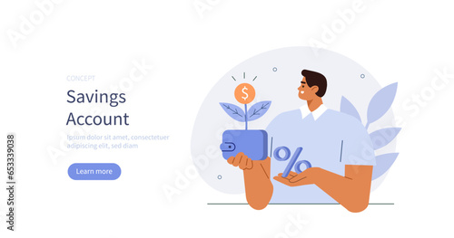 Budget planning concept. Character open savings account with high interest rates and increase his deposit. Vector illustration.