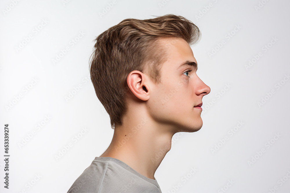 Profile side generative AI photo of a handsome male model demonstrating haircut isolated on white background - obrazy, fototapety, plakaty 