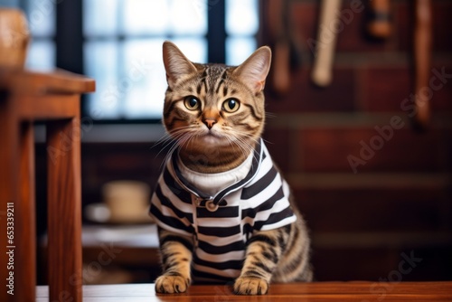 Medium shot portrait photography of a tired havana brown cat wearing a striped sailor dress against a rustic brown background. With generative AI technology © Markus Schröder