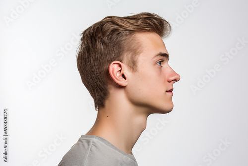 Profile side generative AI photo of a handsome male model demonstrating haircut isolated on white background photo