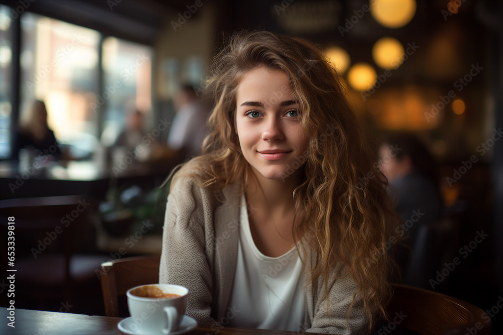 Young beautiful girl sitting table in trendy cafeteria cafe drinking hot fresh coffee Generative AI technology Young beautiful girl sitting table in trendy cafeteria cafe drinking hot fresh coffee Generative AI technology