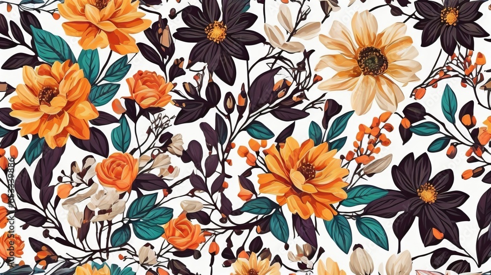A Detailed Illustration Of Seamless Patterns, Boho, Summer Flowers, White Background.