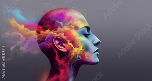 Human head ornate with colourful paint splashes. AI, thought, mind, knowledge, brain power concept. photo