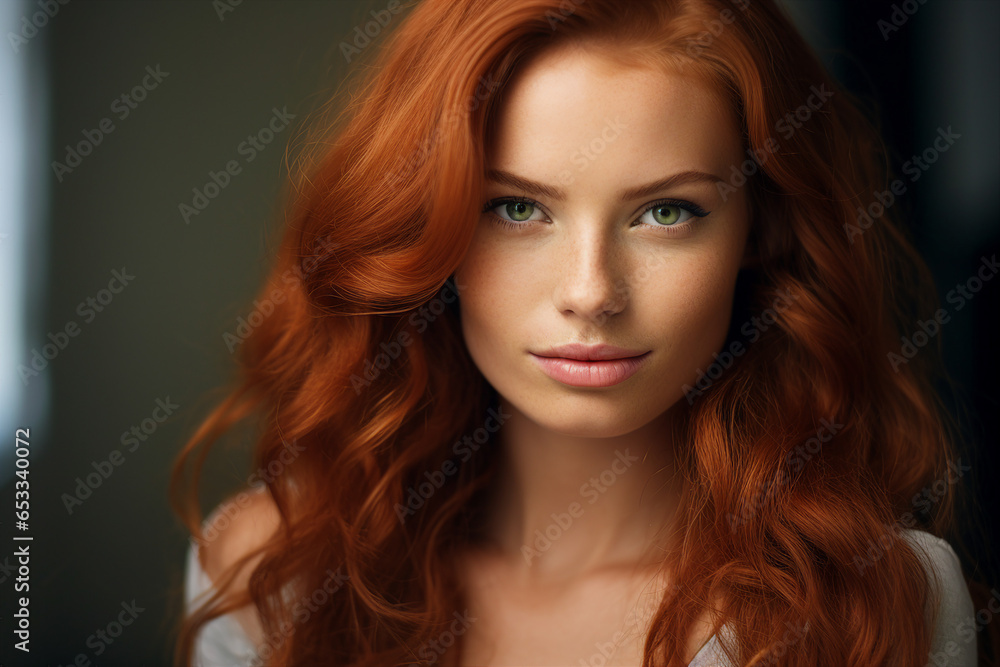 Fototapeta premium Close up generative ai portrait of a beautiful young girl model advertising hair care beauty products