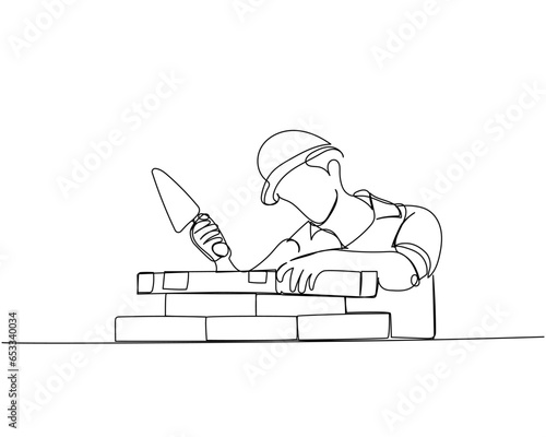 Bricklaying, building, building walls, worker in uniform lays bricks one line art. Continuous line drawing of repair, professional, hand, people, concept, support, maintenance.