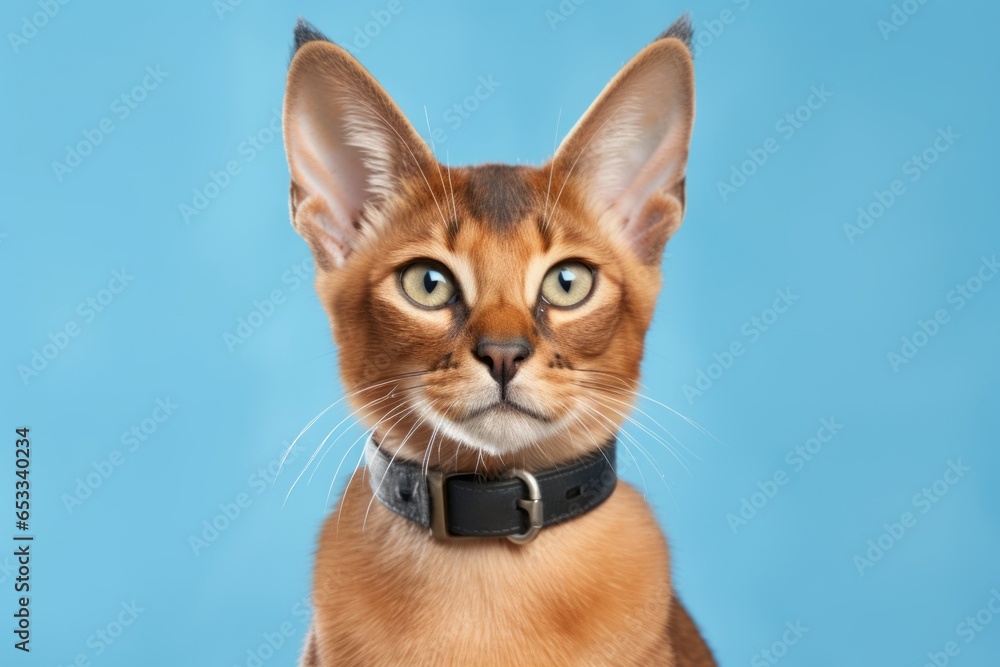 Fototapeta premium Lifestyle portrait photography of a cute caracal cat wearing a bell collar against a soft blue background. With generative AI technology