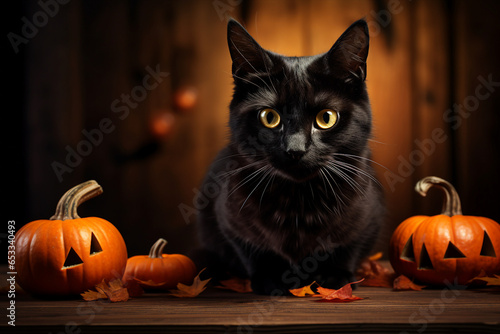 Generative AI image of funny black cat celebrating halloween theme party in fantasy costume