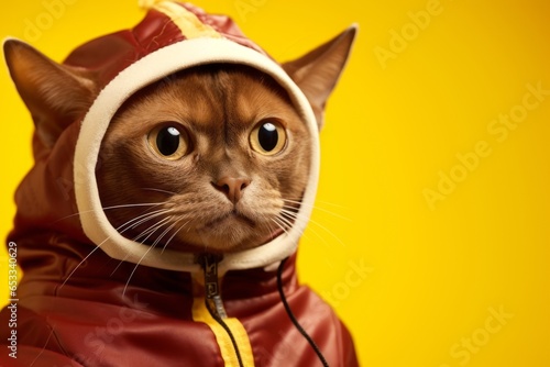 Close-up portrait photography of a cute burmese cat wearing a bee costume against a rich maroon background. With generative AI technology