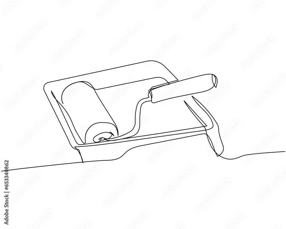 Paint roller and paint tray one line art. Continuous line drawing of