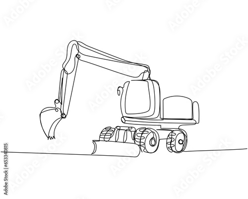 Heavy Construction Equipment, Excavator, backhoe loader, crawler loader one line art. Continuous line drawing of repair, professional, hand, people, concept, support, maintenance.