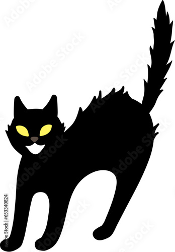 Halloween vector illustration element of spooky hissing and intimidating black cat with yellow eyes. funny, fun and cute background material photo