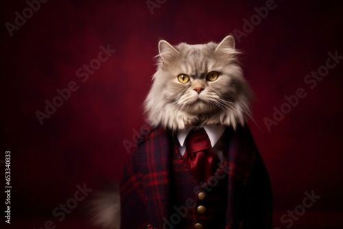 Lifestyle portrait photography of a happy selkirk rex cat wearing a tartan kilt against a rich maroon background. With generative AI technology