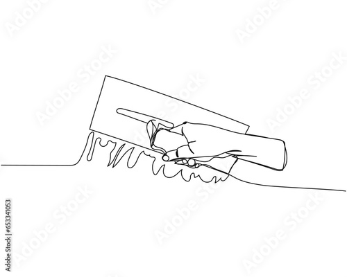 Puttying walls, leveling walls, Professional Rectangular Steel Trowel one line art. Continuous line drawing of repair, professional, hand, people, concept, support, maintenance.