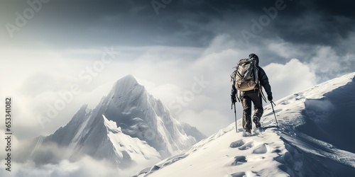 AI Generated. AI Generative. Winter snow ice mountain hiking trekking exploration adventure active lifestyle motivation landscape background. Graphic Art © AkimD