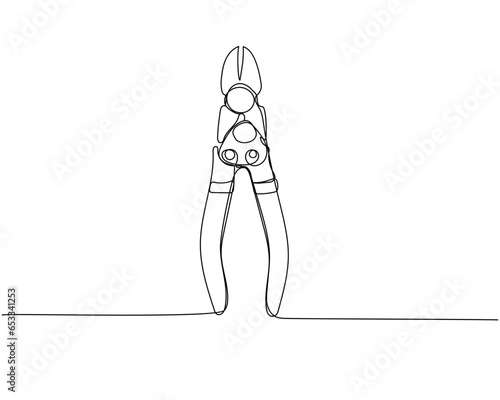 Construction wire cutters, pliers, vise grip, swagers one line art. Continuous line drawing of repair, professional, hand, people, concept, support, maintenance.