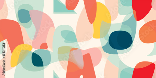 Trendy abstract geometric seamless pattern with pink, orange and blue brush strokes, Fashionable template for design. Soft color palette, flat color blocks, shapes backgrounds