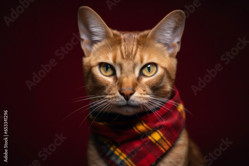 Headshot portrait photography of a funny chausie cat wearing a plaid bandana against a rich maroon background. With generative AI technology