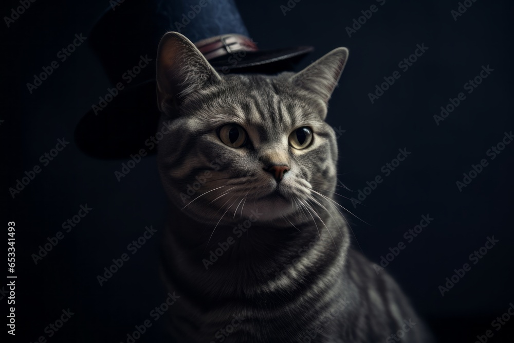 Medium shot portrait photography of a smiling american shorthair cat wearing a sherlock holmes detective hat against a dark grey background. With generative AI technology