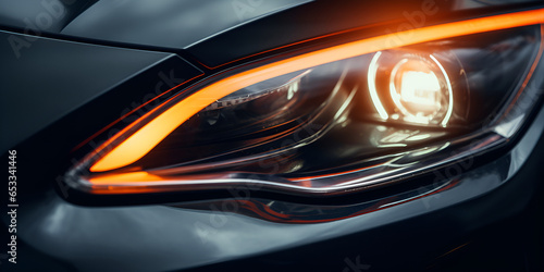 Close-up on the illuminated headlight of a modern car High-Tech Headlight Close-up. AI Generative