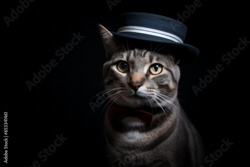 Medium shot portrait photography of a smiling american shorthair cat wearing a sherlock holmes detective hat against a dark grey background. With generative AI technology © Markus Schröder