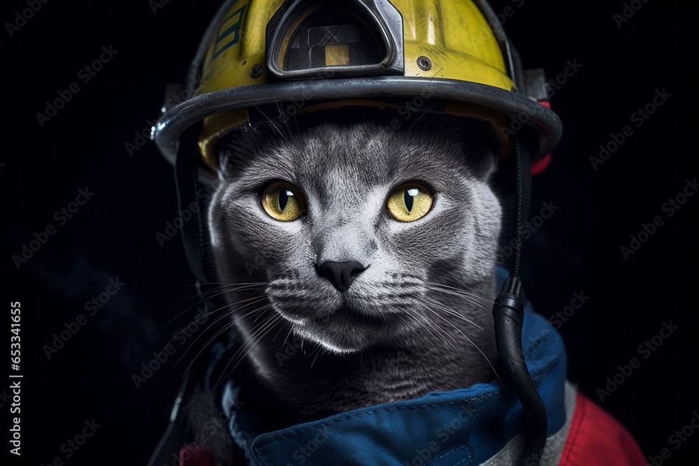 Medium shot portrait photography of a smiling russian blue cat wearing a fireman costume against a dark grey background. With generative AI technology Medium shot portrait photography of a smiling russian blue cat wearing a fireman costume against a dark grey background. With generative AI technology