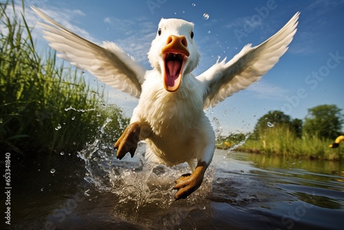 A white duck jumps out of the water. The creative concept of funny and cute animals.