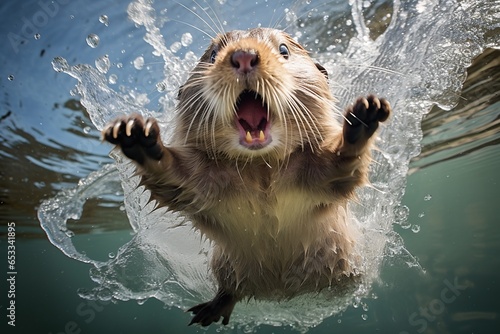 a young otter jumping into the water. The creative concept of funny and cute animals.