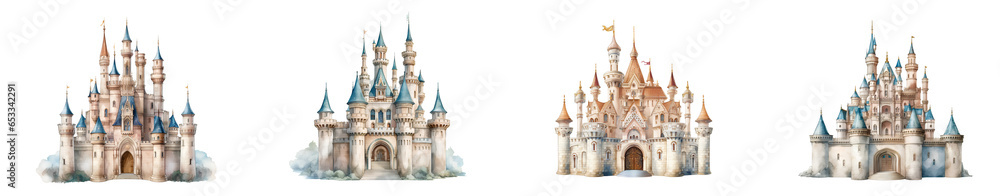 Set of magic castle. Fairy tale Castle Illustration. Isolated on Transparent background.