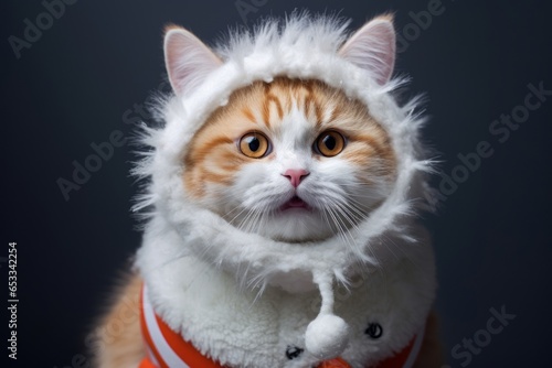 Close-up portrait photography of a happy cheetoh cat wearing a snowman outfit against a dark grey background. With generative AI technology