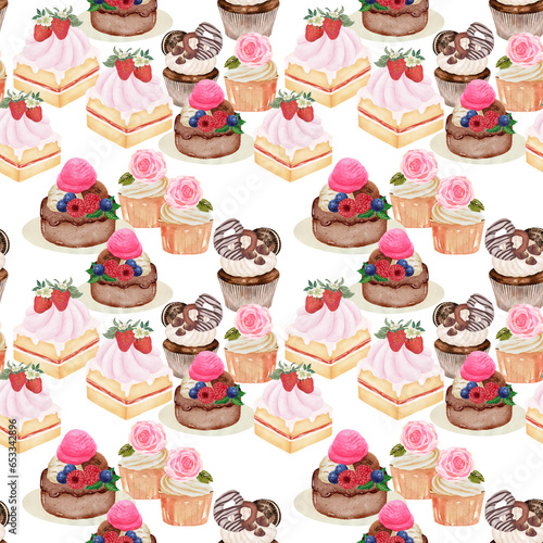 Cupcake Cake Bread Bakery Dessert on the theme of love valentine's day with Butter Cream and Fruit seamless pattern background